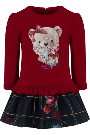 Lapin House Bear print peplum-plaid combined dress