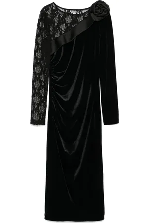 NISSA Lace-insert velvet midi dress
