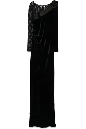 NISSA Lace-insert velvet maxi dress