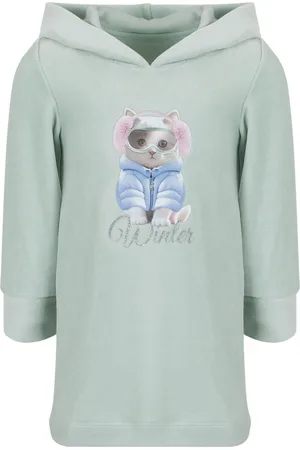 Lapin House Cat-print hooded cotton dress