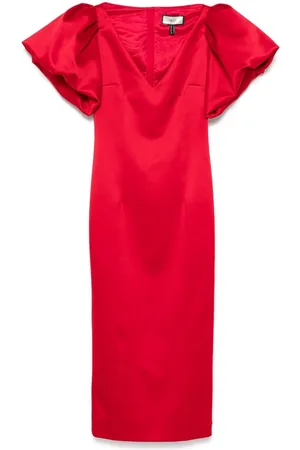 NISSA Puff-sleeve taffeta midi dress