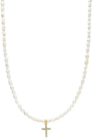 Nialaya Cross-pendant freshwater-pearl necklace