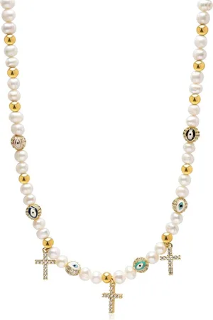 Nialaya Evil Eye and cross beaded necklace
