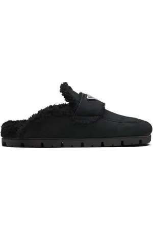 Prada logo-plaque Shearling Slippers Black