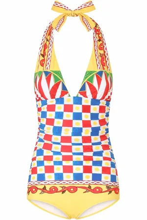 Dolce & Gabbana Carretto-print plunge-neck swimsuit