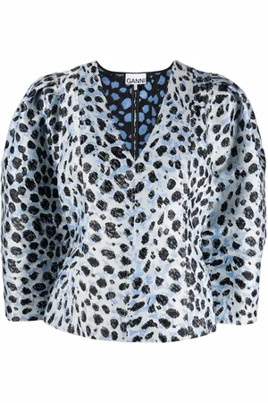 Ganni Leopard-print puff-sleeve top
