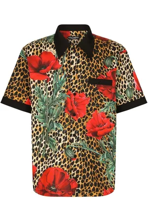 Gucci Bowling Shirt With Watercolor Flowers In Blue