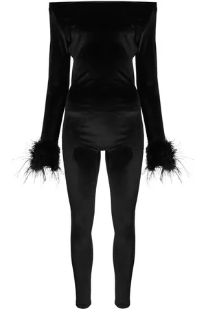 Atu Body Couture Women Off the Shoulder Jumpsuits - Feather-cuffs off-shoulder velvet jumpsuit