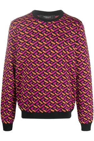 Versace Greca Monogram Jacquard Crewneck Wool Blend Sweater In