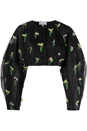 Ganni Bead-embellished cropped blouse