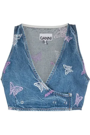Ganni Embroidered denim crop top