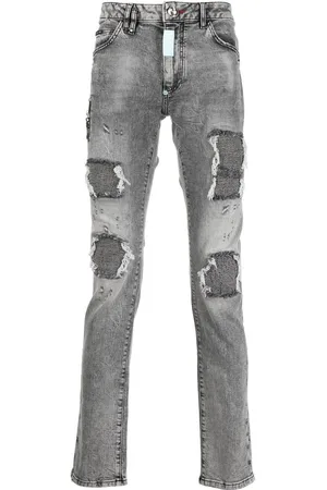 CenturyX Men's Skinny Distressed Ripped Jeans Destroyed Stretchy Knee Holes  Slim Tapered Leg Jeans Light Blue L
