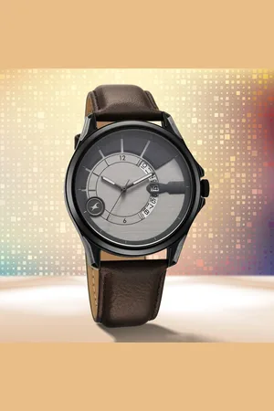 Fastrack Groove Quartz Analog with Date Two Toned Dial Brown Leather Strap Watch For Guys