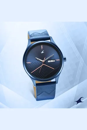 Fastrack Style Up Quartz Analog with Day and Date Blue Dial Leather Strap Watch for Guys