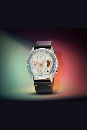 Fastrack Opulence Sun Moon Chronograph Silver Dial Black Leather Strap Analog Quartz Watch For Guys