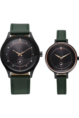 Fastrack Mixmatched Quartz Analog Black Dial Green Leather Strap Watch For Couple