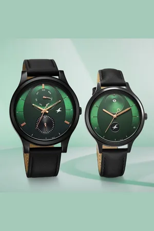 Fastrack Mixmatched Quartz Multifunction Green Dial Black Leather Strap Watch For Couple