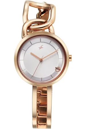 Fastrack Opulence Quartz Analog Silver White Dial Champagne Gold Metal Strap Watch For Girls