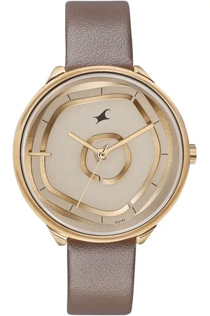 Fastrack Stunners Multifunction Rose Gold Dial Brown Leather Strap Watch For Girls