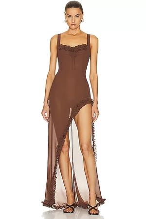 Helsa Women Maxi Dresses - Sheer Ruffled Long Dress in Chocolate