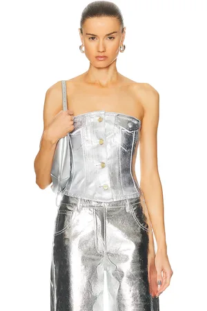 Ganni Foil Denim Corsage in Metallic Silver
