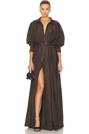 Norma Kamali Super Oversized Boyfriend Shirt Flared Gown in Brown