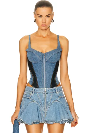 MUGLER Tank Top Bodysuit in Denim-Light