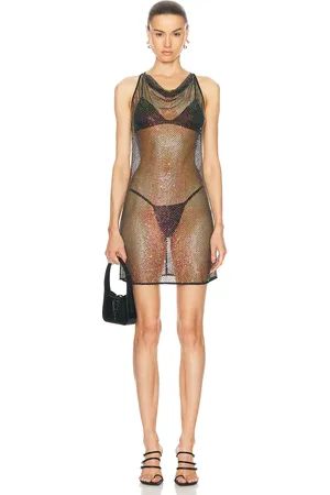 LAPOINTE Rhinestone Mesh Halter Cowl Neck Mini Dress in Black
