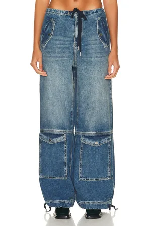 GRLFRND Alix Wide Leg Drawstring Cargo in Denim-Medium
