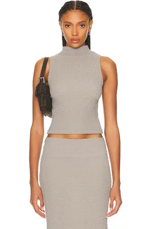 ENZA COSTA Puckered Sleeveless Hi-neck Top in Grey