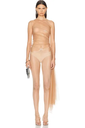MUGLER Stretch Illusion Sheer Top in Tan