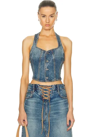 GRLFRND Phoebe Laced Halter Top in Denim-Medium