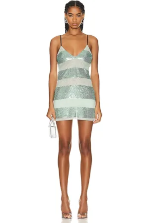 FLEUR DU MAL Sequin Stripe Mini V Neck Slip Dress in Mint