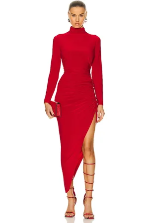 Norma Kamali Long Sleeve Turtleneck Side Drape Gown in Red