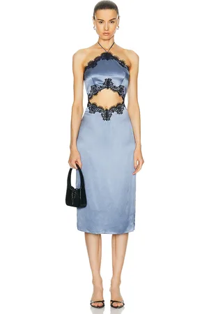 FLEUR DU MAL Silk And Lace Halter Dress in Blue
