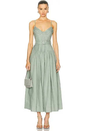 Nicholas Mireille Belted Pintuck Midi Dress in Sage