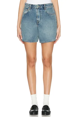 GRLFRND Reggie Mid Rise Long Mom Short in Denim-Medium