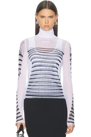 Jean Paul Gaultier Feathers Mariniere Printed Mesh Long Sleeve Top in White