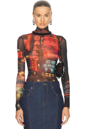 Jean Paul Gaultier Pigalle Mesh Long sleeve Printed Top in Red