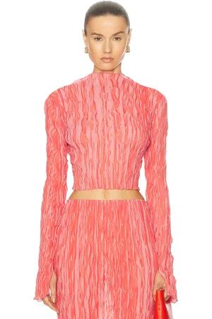 LAPOINTE Pleated Georgette Long Sleeve High Neck Top in Coral