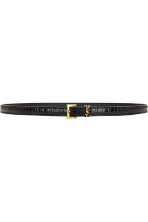 Saint Laurent Cassandre Thin Leather Belt in Black
