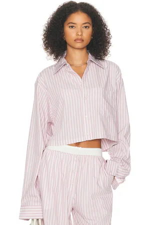 Helsa Wide Stripe Poplin Cropped Shirt in Mauve