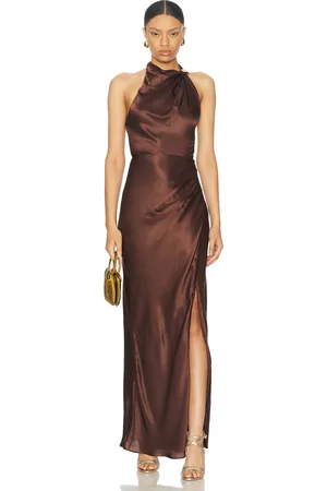 Nicholas Galilea High Neck Gold Trim Maxi Dress in Chocolate