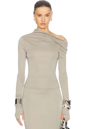 Helsa Matte Jersey Drape Shoulder Top in Grey