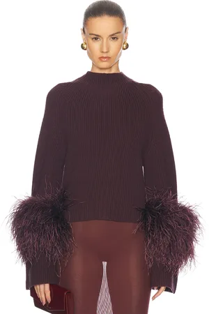 LAPOINTE Merino Mock Neck Feathers Sweater in Burgundy