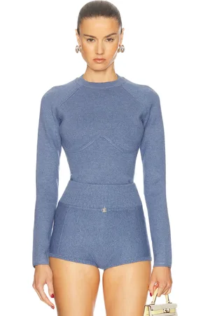 FLEUR DU MAL Knit Underbust Long Sleeve Top in Blue
