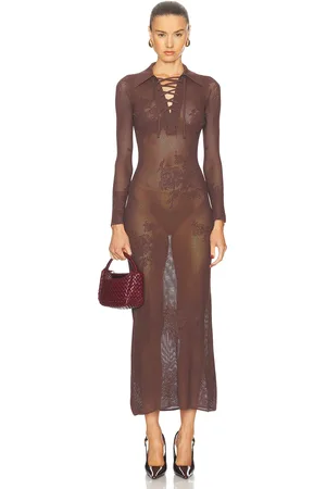 FLEUR DU MAL Lace Pointelle Maxi Dress in Brown