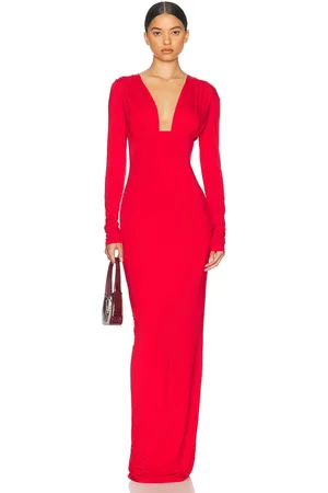 Helsa Jersey Deep V Maxi Dress in Red