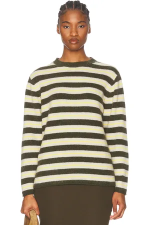 THE ELDER STATESMAN Sinful Stripe Crew Neck Sweater in Dark Green