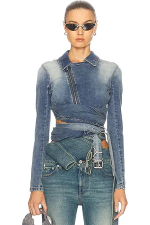 Y / PROJECT Wrap Fitted Denim Jacket in Denim-Medium